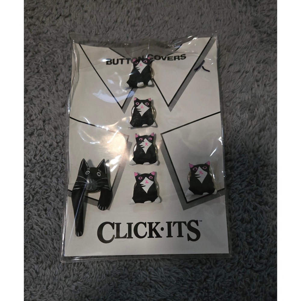 Vintage 1989 Click Its Cat Button Covers Tuxedo Kitty Novelty Accessories NIP